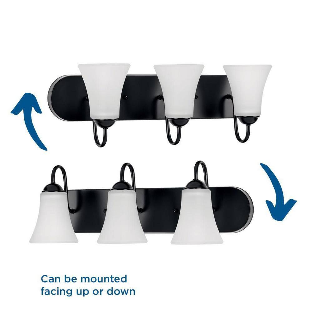 Matte Black Three-Light Bath Vanity with Etched Glass Shades