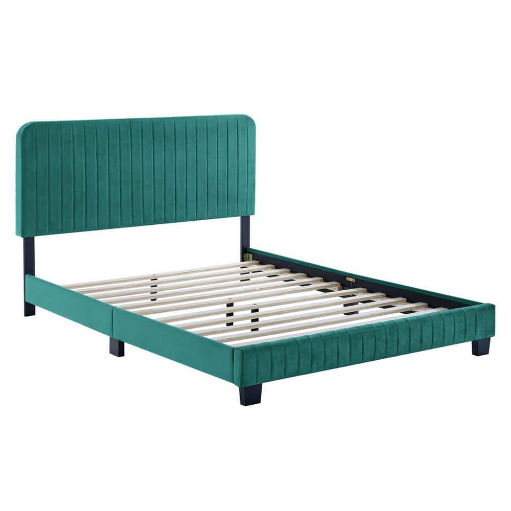 Luxe Glam Deco Teal Velvet Full Platform Bed with Channel Tufting