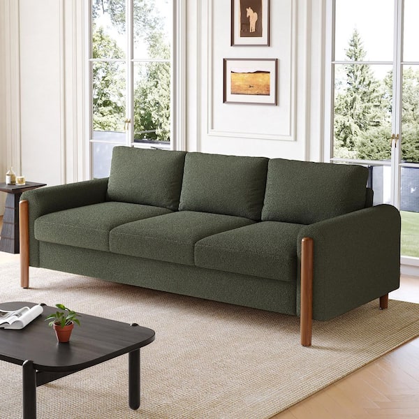Zandrel Modern 83.86 in. Square Arm Teddy Fabric Upholstered Rectangle 3-Seater Sofa in Green with Solid Wood Leg
