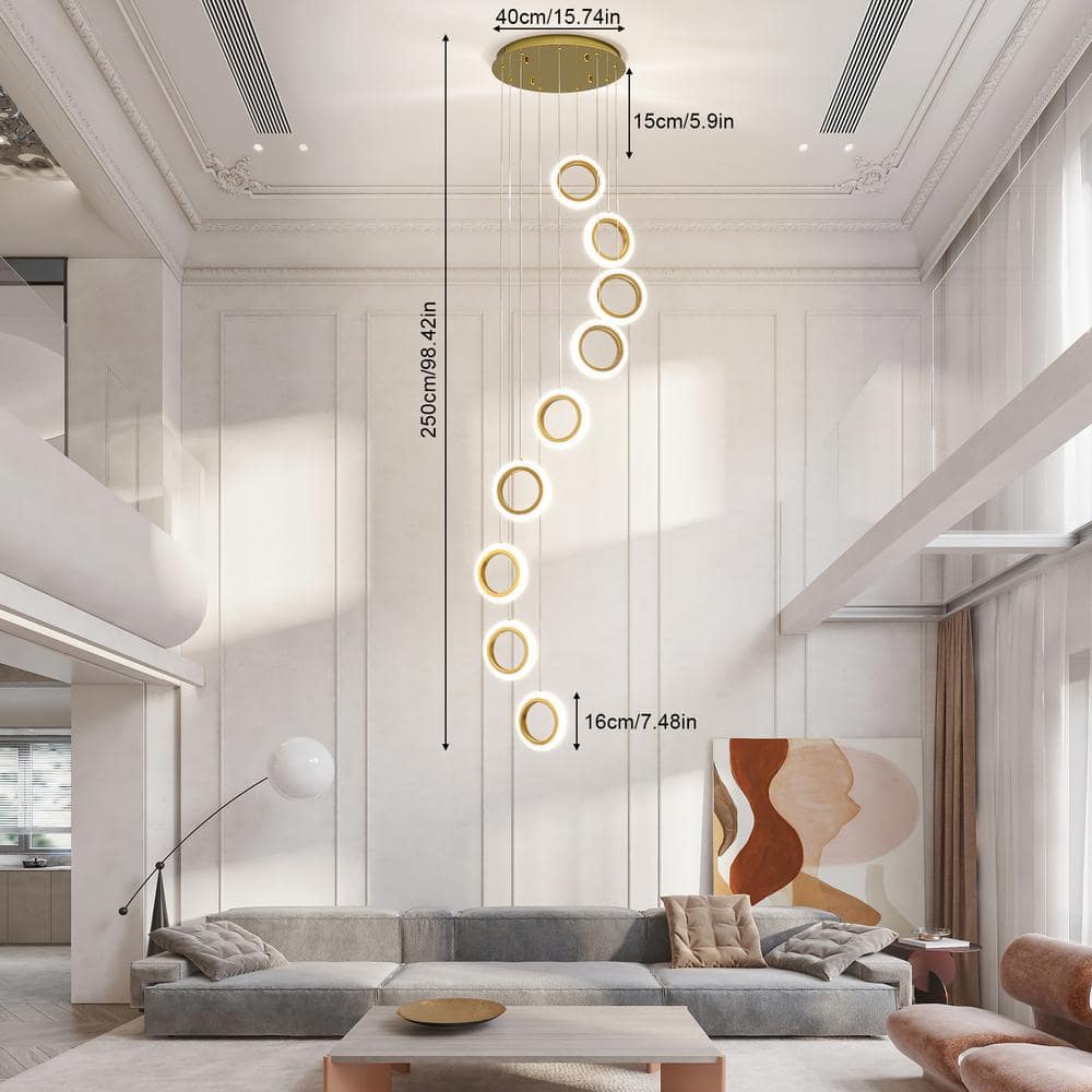 Gold Acrylic and Aluminum 9-Ring Adjustable Height Chandelier