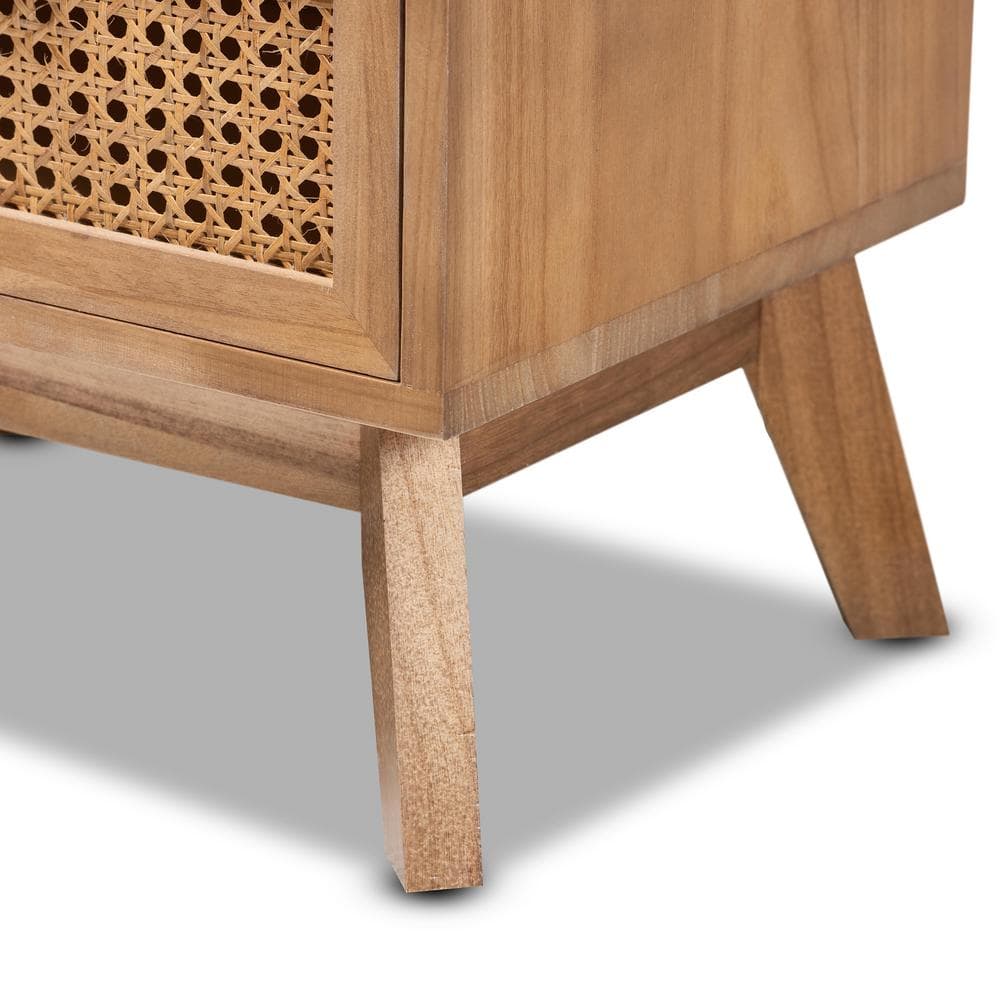 Walnut Brown Retro-Inspired 2-Drawer Rattan End Table