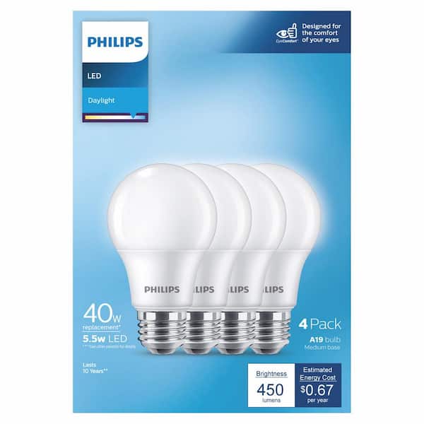 40-Watt Equivalent A19 Non-Dimmable E26 LED Light Bulb With EyeComfort Technology Daylight 5000K (4-Pack)