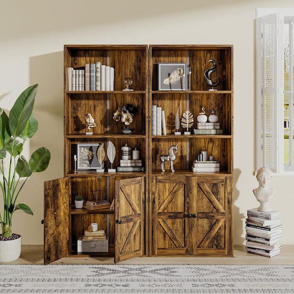 59.4 in. Brown Wooden 5-Tier Accent Storage Cabinet with Louvered Doors, Durable Bookcase