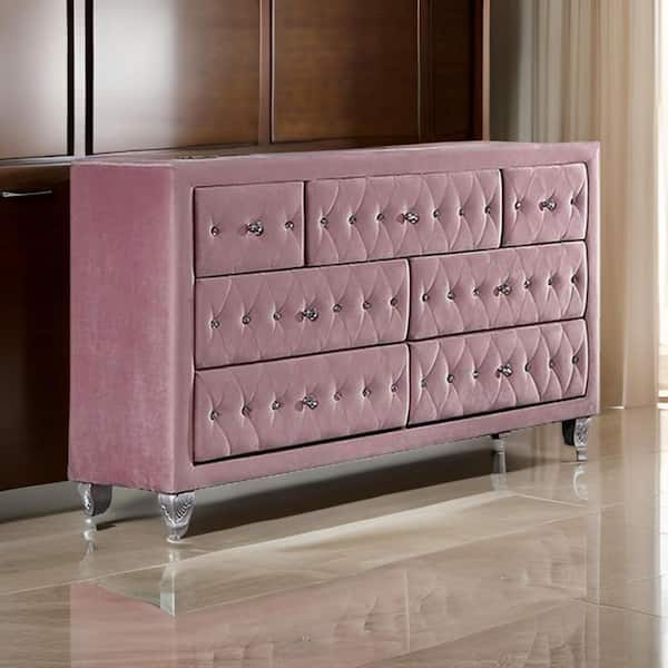 Pink and Silver 7-Drawers 58.5 in. Dresser Without Mirror