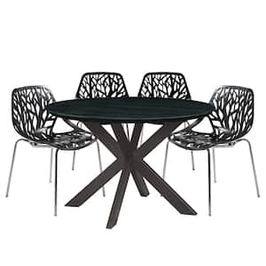 Ravenna 5-Piece Dining Set with 4-Stackable Plastic Chairs and Round Table with Geometric Base, Black