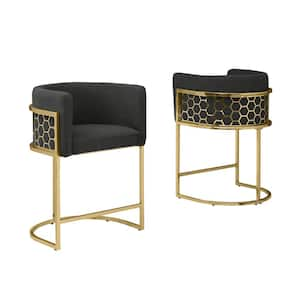 Evan 29 in. Black Low Back Gold Metal Frame Bar Stool With Teddy Fabric Set of 2