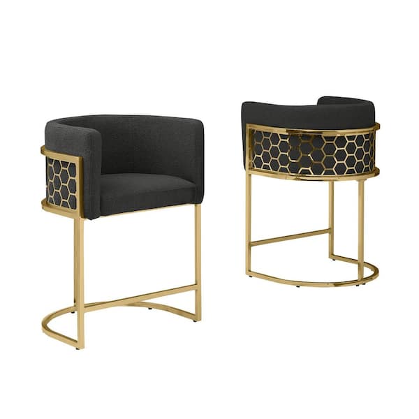 Best Quality Furniture Evan 29 in. Black Low Back Gold Metal Frame Bar Stool With Teddy Fabric Set of 2