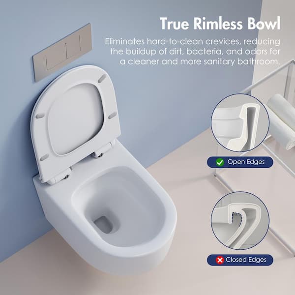 Capri Wall Hung Toilet 0.8/1.6 GPF Dual Flush Elongated Bowl Toilet in Crisp White, Seat Included