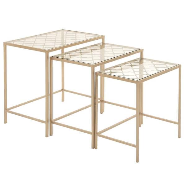 Litton Lane 17 in. Gold Large Rectangle Glass End Accent Table with Clear Glass Top (3- Pieces)