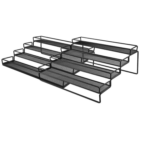 4 Tier Black Expandable Cabinet Countertop Spice Organizer Rack Metal Step Shelf with Protection Railing 2 Pack
