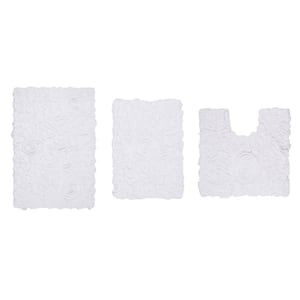 Bell Flower Collection 100% Cotton Tufted Bath Rug, 3-Pcs Set with Contour-White