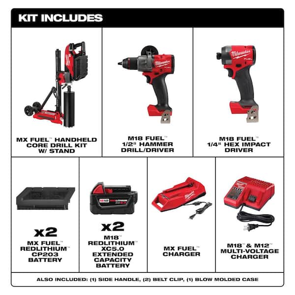 MX FUEL Lithium-Ion Cordless Handheld Core Drill Kit with M18 FUEL Hammer Drill and Impact Driver Combo Kit (2-Tool)
