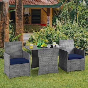3-Piece Outdoor Rattan Conversation Set Patio Dining Table Set with Navy Cushions