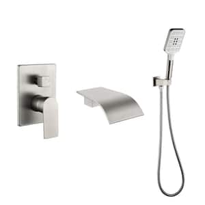 Single-Handle Wall-Mount Roman Tub Faucet with Hand Shower 3-Hole Waterfall Brass Bathtub Fillers in Brushed Nickel