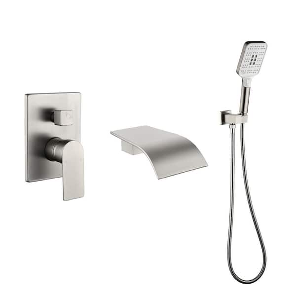 AIMADI Single-Handle Wall-Mount Roman Tub Faucet with Hand Shower 3-Hole Waterfall Brass Bathtub Fillers in Brushed Nickel