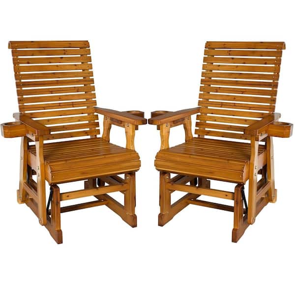2-Piece Solid Fir Wood Outdoor Glider with High Back, Deep Contoured Seat and Cup Holders, All-Weather Resistant, Brown