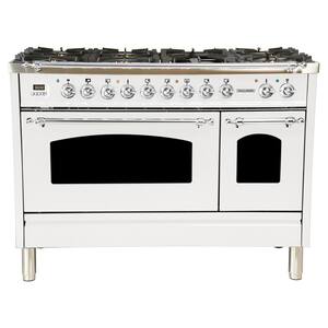 48 in. 5.0 cu. ft. Double Oven Dual Fuel Italian Range with True Convection, 7 Burners, Griddle, Chrome Trim in White