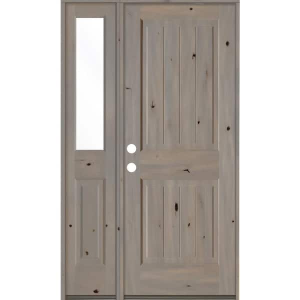 Krosswood Doors 44 in. x 80 in. Rustic Knotty Alder 2 Panel Right-Hand/Inswing Clear Glass Grey Stain Wood Prehung Front Door w/Sidelite