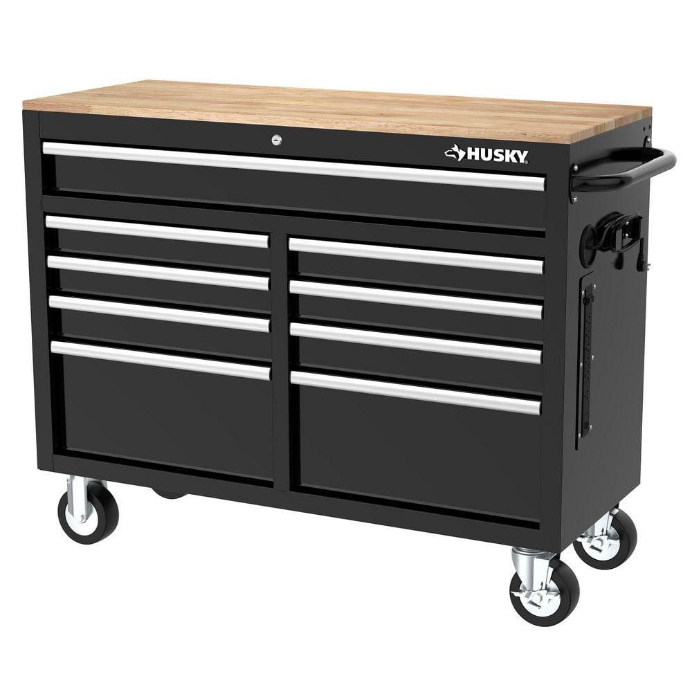 Husky Tool Storage 46 in. W x 18 in. D 9-Drawer Mobile Workbench Cabinet in Gloss Black H46X18MWC9BLK