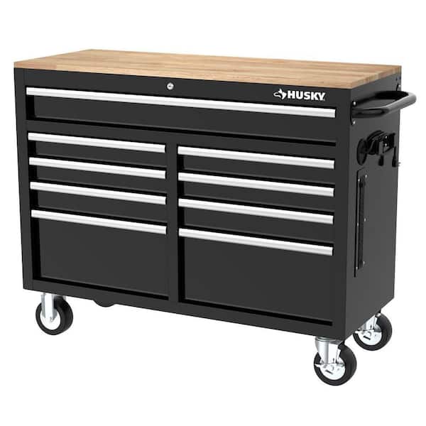 Tool Storage 46 in. W x 18 in. D 9-Drawer Mobile Workbench Cabinet in Gloss Black