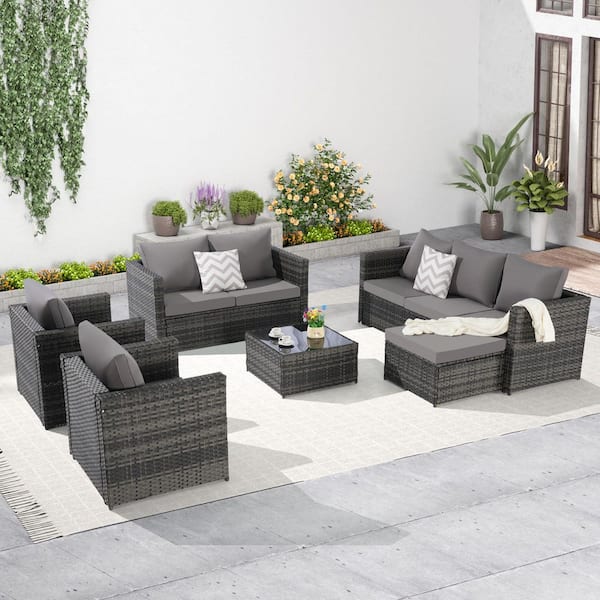 Unbranded Gray 5-Piece Wicker Patio Outdoor Sectional Set, Rattan Conversation Set with Dark Gray Cushions for Garden, Backyard