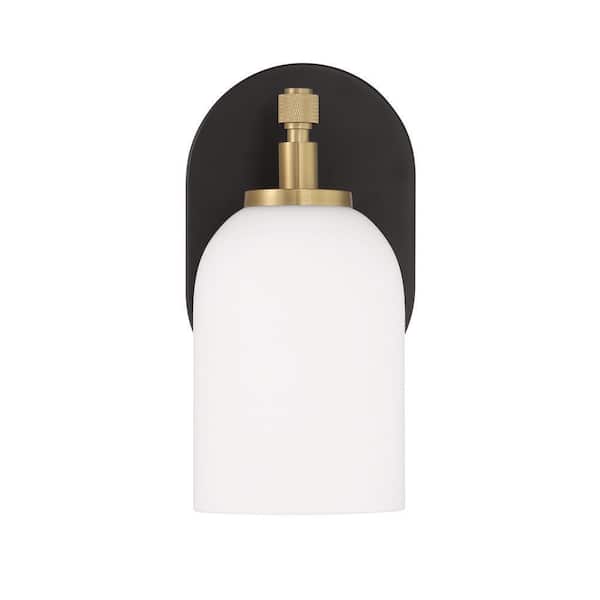 CRAFTMADE Council 4.75 in. 1-Light Flat Black/Satin Brass Finish Wall Sconce with White Frosted Glass Shade