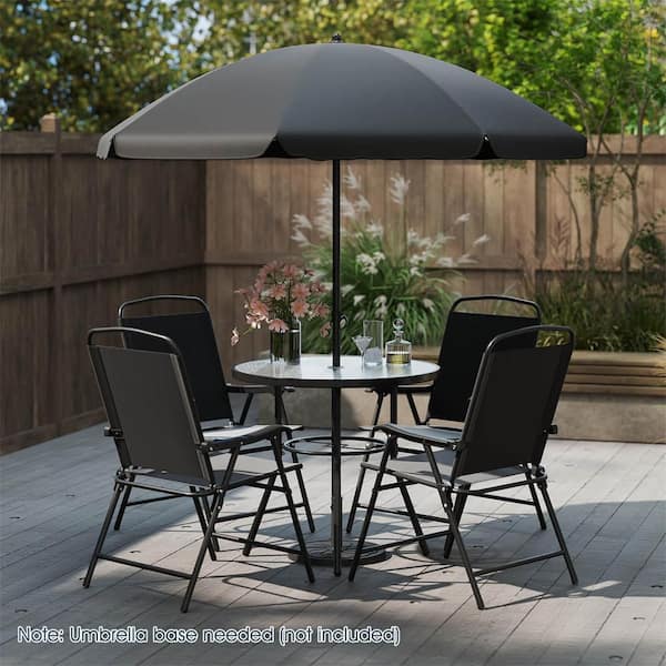 6-Piece Black Metal Round Outdoor Dining Set with Umbrella Table and Chairs Set for Garden