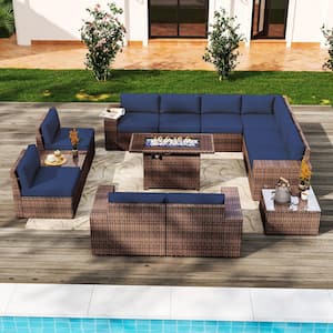 13-Piece Outdoor Rattan Wicker Patio Conversation Set with Fire Pit Table Blue Cushions