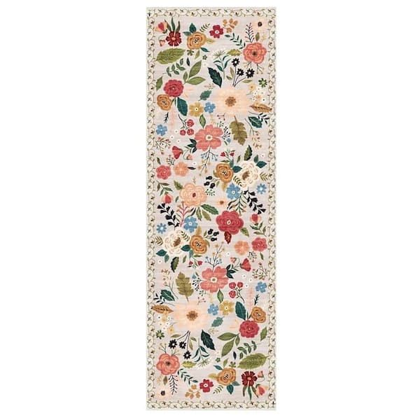 2 X 6 Beige Washable Boho Floral Runner Rug for Hallways Kitchen Rug Non Slip Rubber