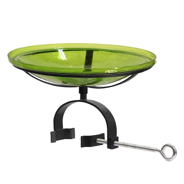 ACHLA DESIGNS 14 in. Dia Round Fern Green Crackle Glass Birdbath with Black Wrought Iron Over Rail Bracket