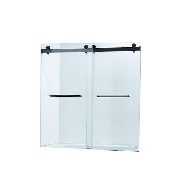 60 in. W x 60 in. H Double Sliding Frameless Tub Door in Matte Black Finish with Clear Glass