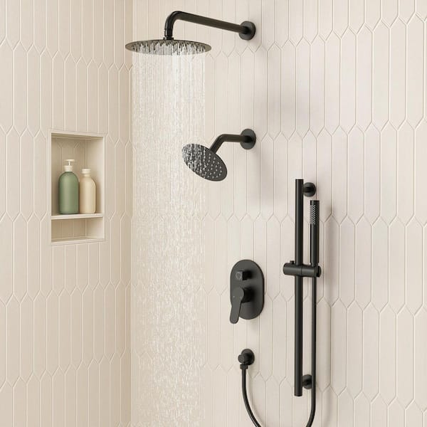 3-Spray Patterns Round Fixed Shower Head 10 and 6 in. with 2.5 GPM Wall Mount Dual Shower Heads in Matte Black