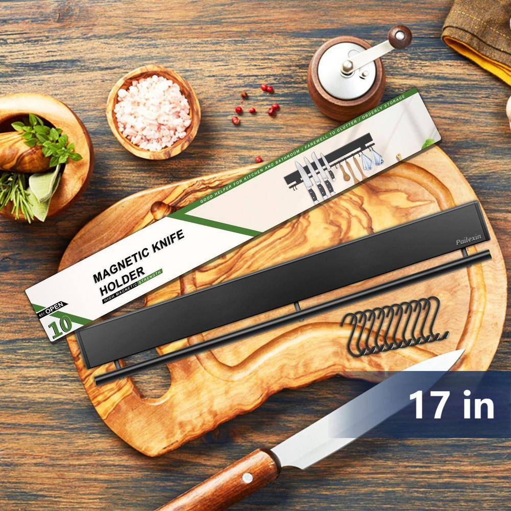 8-Knife 17 in. Stainless Steel Magnetic Knife Holder with 10 Hooks, Black Knife Magnetic Strip Magnetic Knife Bar