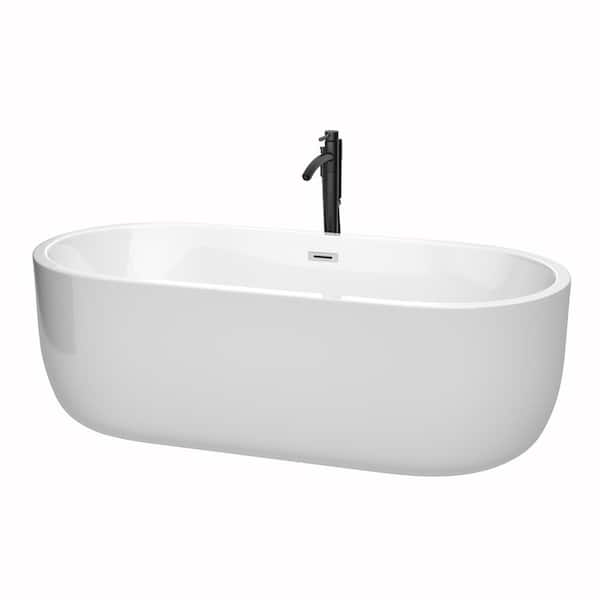 Wyndham Collection Juliette 71 in. Acrylic Flatbottom Bathtub in White with Polished Chrome Trim and Matte Black Faucet