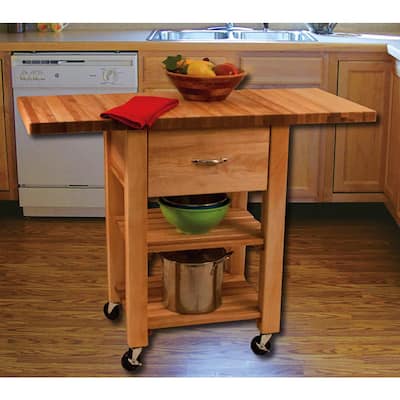 Natural Wood Kitchen Cart with Drop Leaf