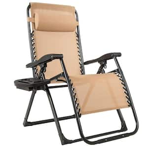 Beige Metal Adjustable Outdoor Recliner Patio Folding Lounge Chair with Cup Holder