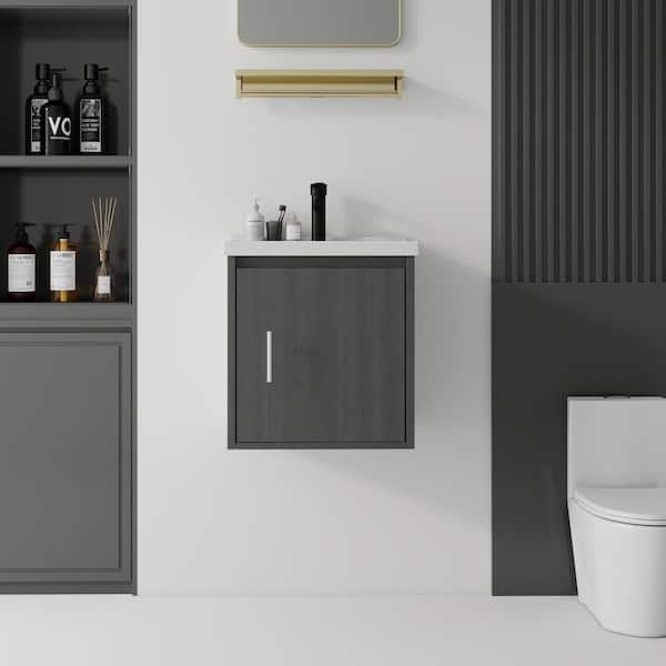 20 in. W Grey Floating Plywood Bath Vanity with White Ceramic Top Sink, Soft-Close Door