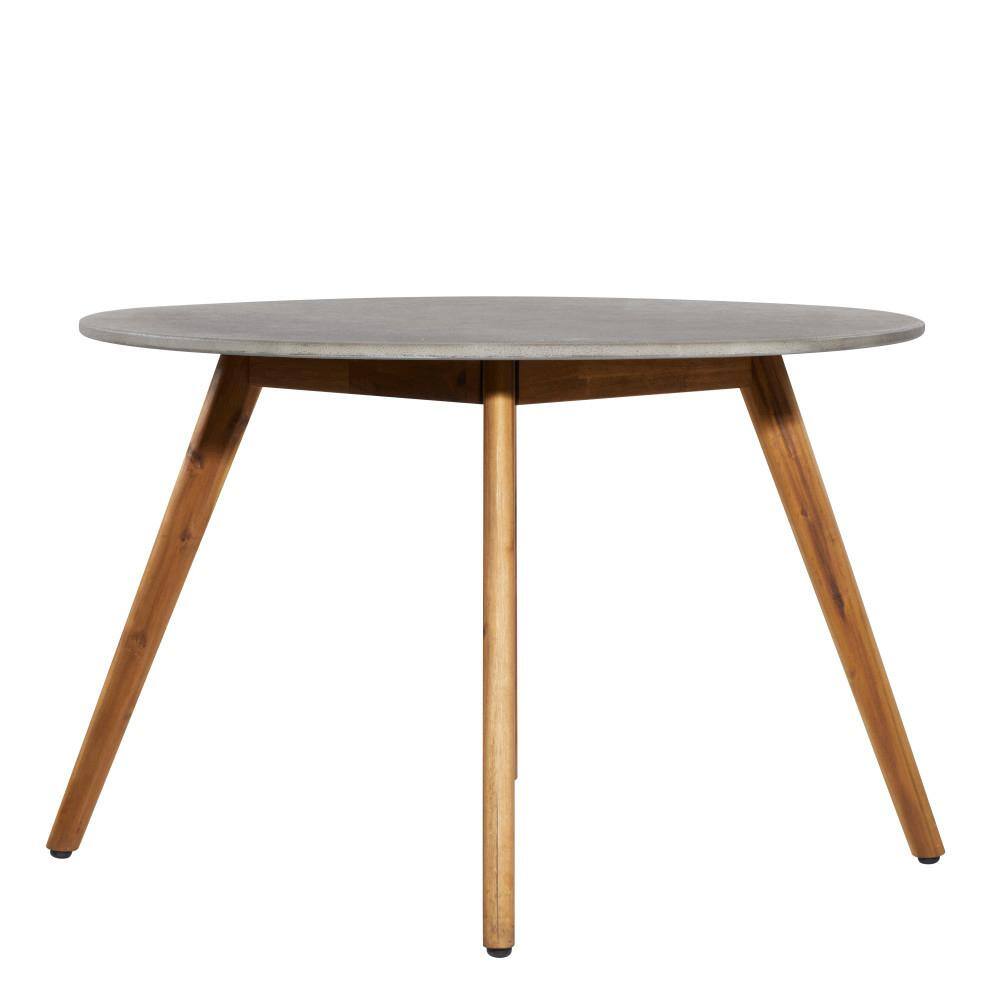 Gray Polycement Top Round Outdoor Dining Table with Acacia Wood Legs