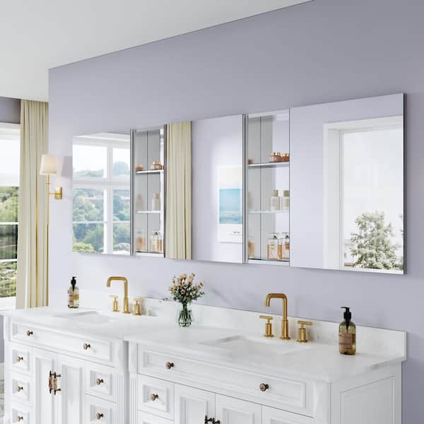 96 in. W x 30 in. H Rectangular Polished Aluminum Tri-view Soft Close Medicine Cabinet with Mirror Combo Set, Reversible