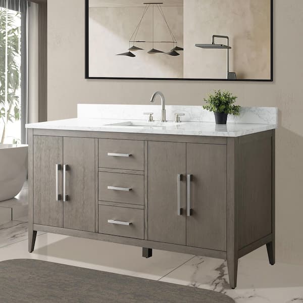 60 in. W. x 22 in. D x 34 in. H Single Sink Bathroom Vanity Cabinet Driftwood Gray with Engineered Marble Top in White