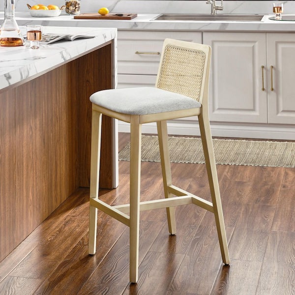 Monarch 45 in. Wood Bar Stool with Cane Rattan Back and Padded Seat in Antique White Natural Heathered Weave Ivory