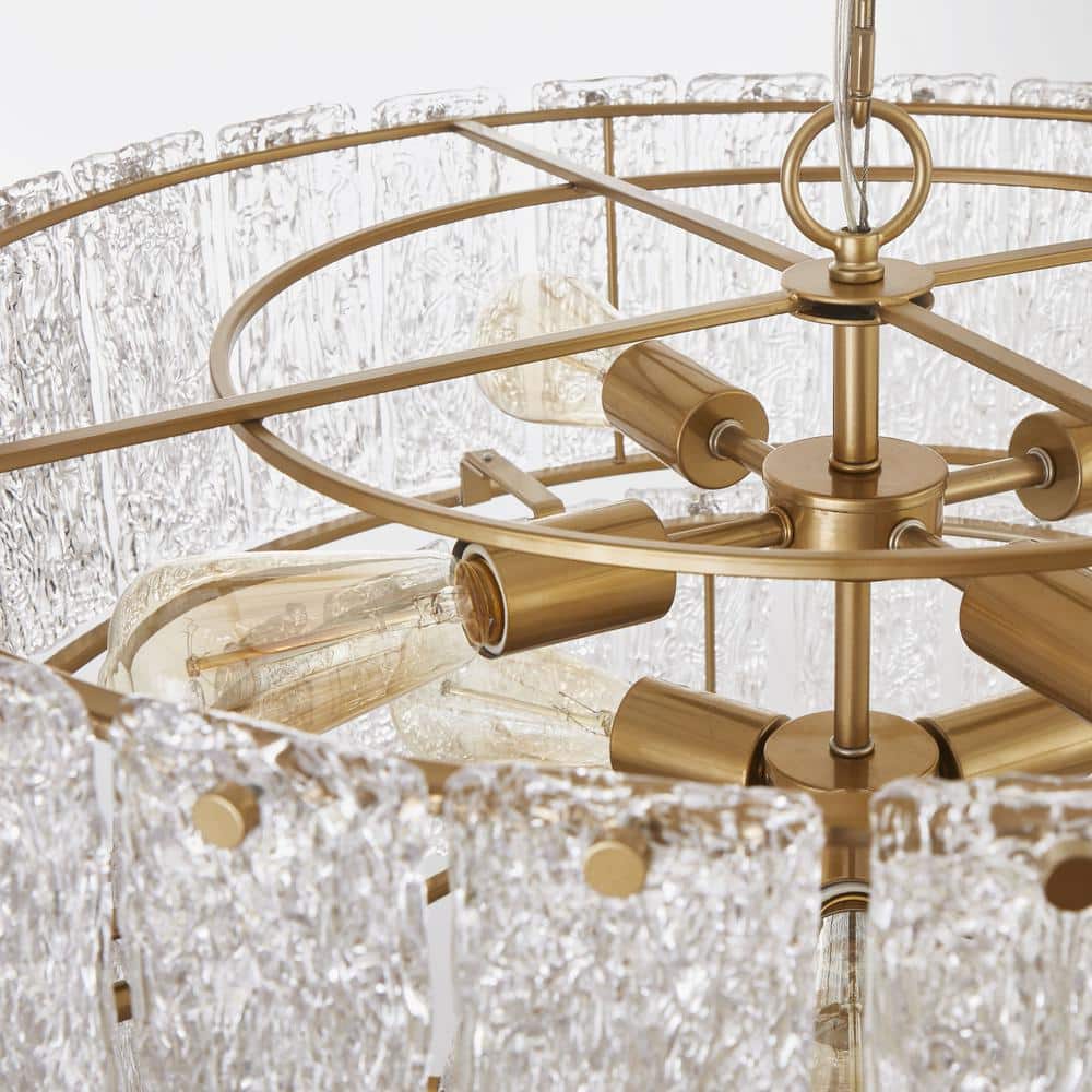 Distressed Gold 8-Light 3-Tiered Glass Drum Chandelier