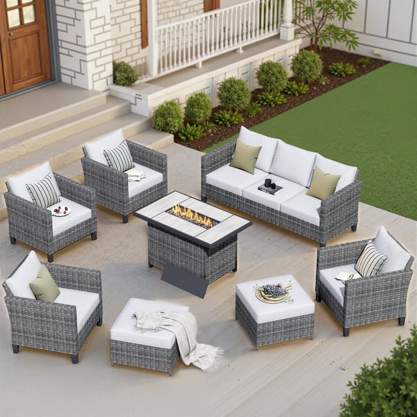 OVIOS New Star Gray 8-Piece Wicker Patio Rectangle Fire Pit Conversation Seating Set with Gray Cushions