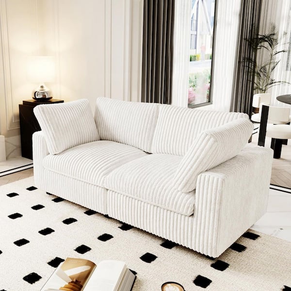 Oversized 79 in. Faux Rabbit Fur Velvet Down 2-Seater Loveseat Modern Cloud Sofa Couch with Washable Covers in White