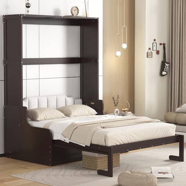 Harper & Bright Designs Espresso(Brown) Wood Frame Queen Murphy Bed, Wall Bed with Cushion, Folded into a Cabinet with 2-Seat Chair, Headboard
