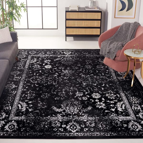 Adirondack Black/Ivory 11 ft. x 15 ft. Border Distressed Area Rug
