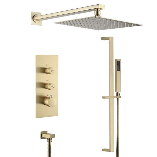 Boyel Living 2-Spray Patterns 2 GPM 10 in. Wall Mount Rainfall Square Dual Shower Heads with Sliding Bar in Brushed Gold