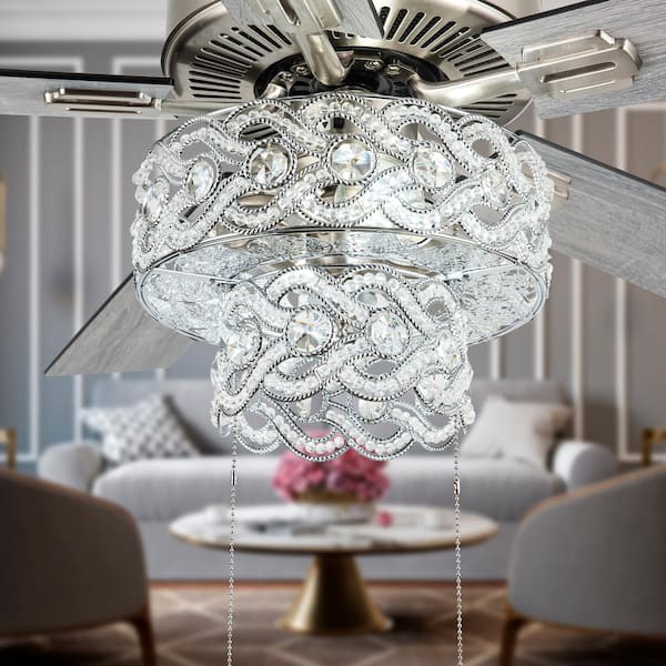 Modern Crystal Chandelier 52'' LED Silver Ceiling Fan w/ Light by River of Goods 