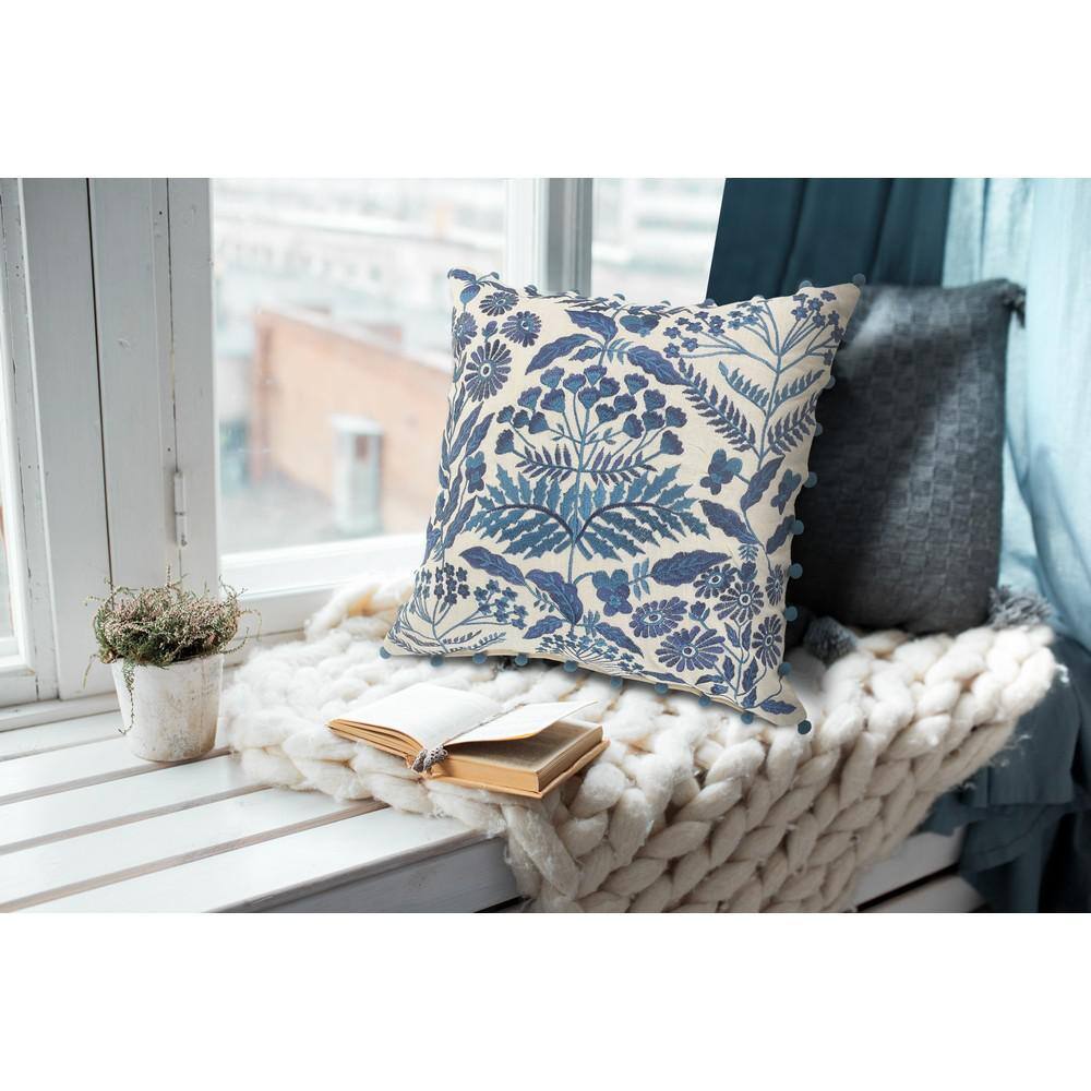 Navy and Off-White Bohemian Floral Square Throw Pillow