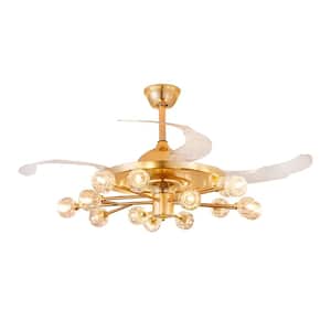 42 in. 15-Light Gold Indoor Ceiling Fan with Remote, Modern Crystal Retractable Fandelier for Bedroom, Bulbs Included